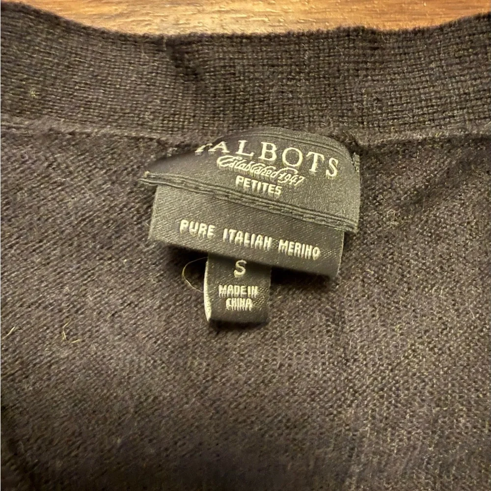 Talbots Black Argyle Tie-Front Merino Wool Cardigan 3/4 length Sleeve